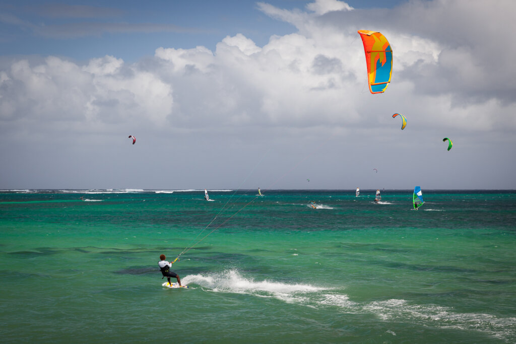 Kitesurfing in Le Morne lagoon, Mauritius