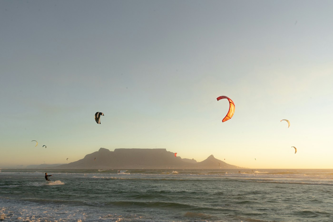Kitesurfing in Cape Town with Table Mountain, South Africa